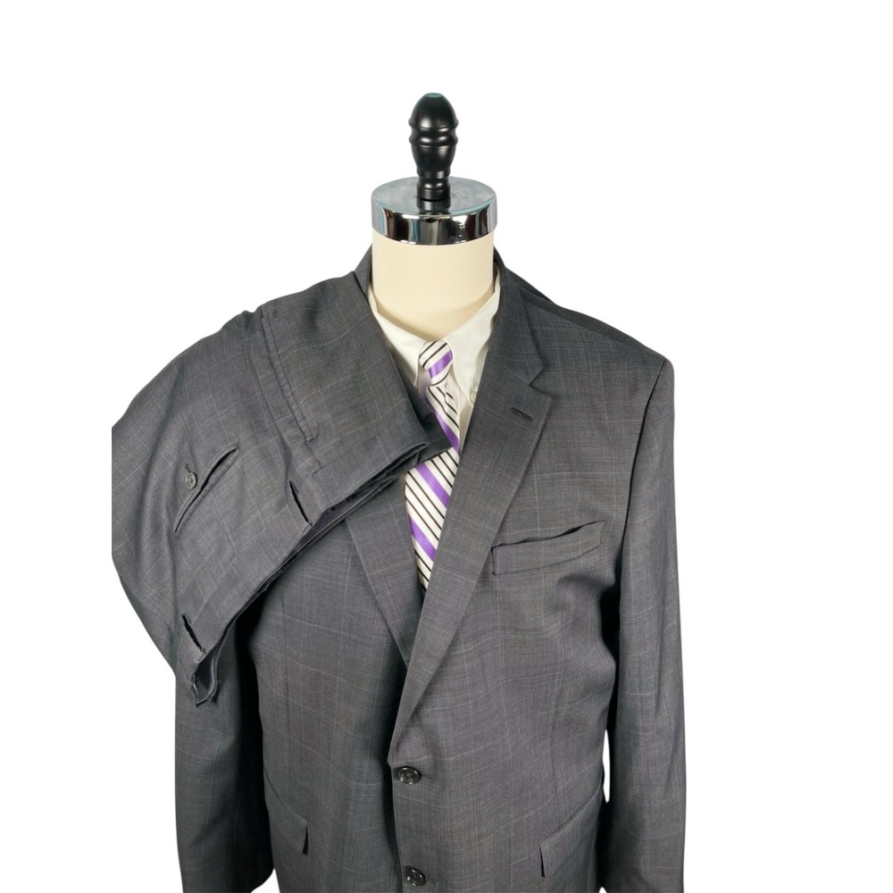 Tommy Hilfiger 2pc Suit Mens 48L Charcoal‎ with Purple Windowpane Worsted Wool